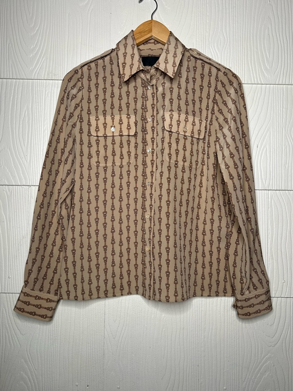 Nili Lotan Beige and Brown Patterned Button-Up Blouse